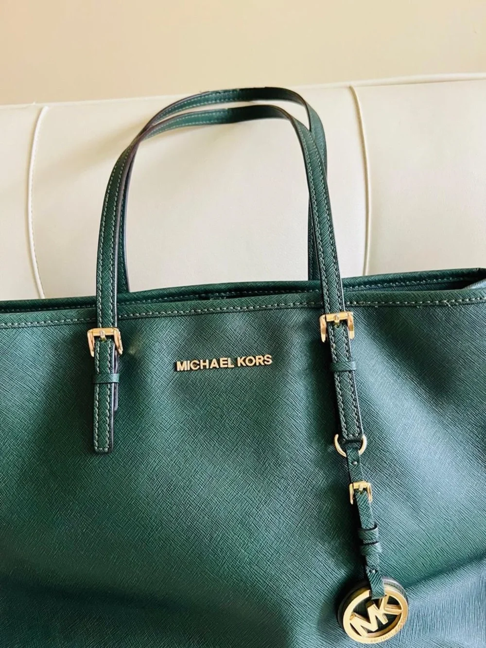 Michael Kors Emerald Green Saffiano Leather Tote with Gold Hardware
